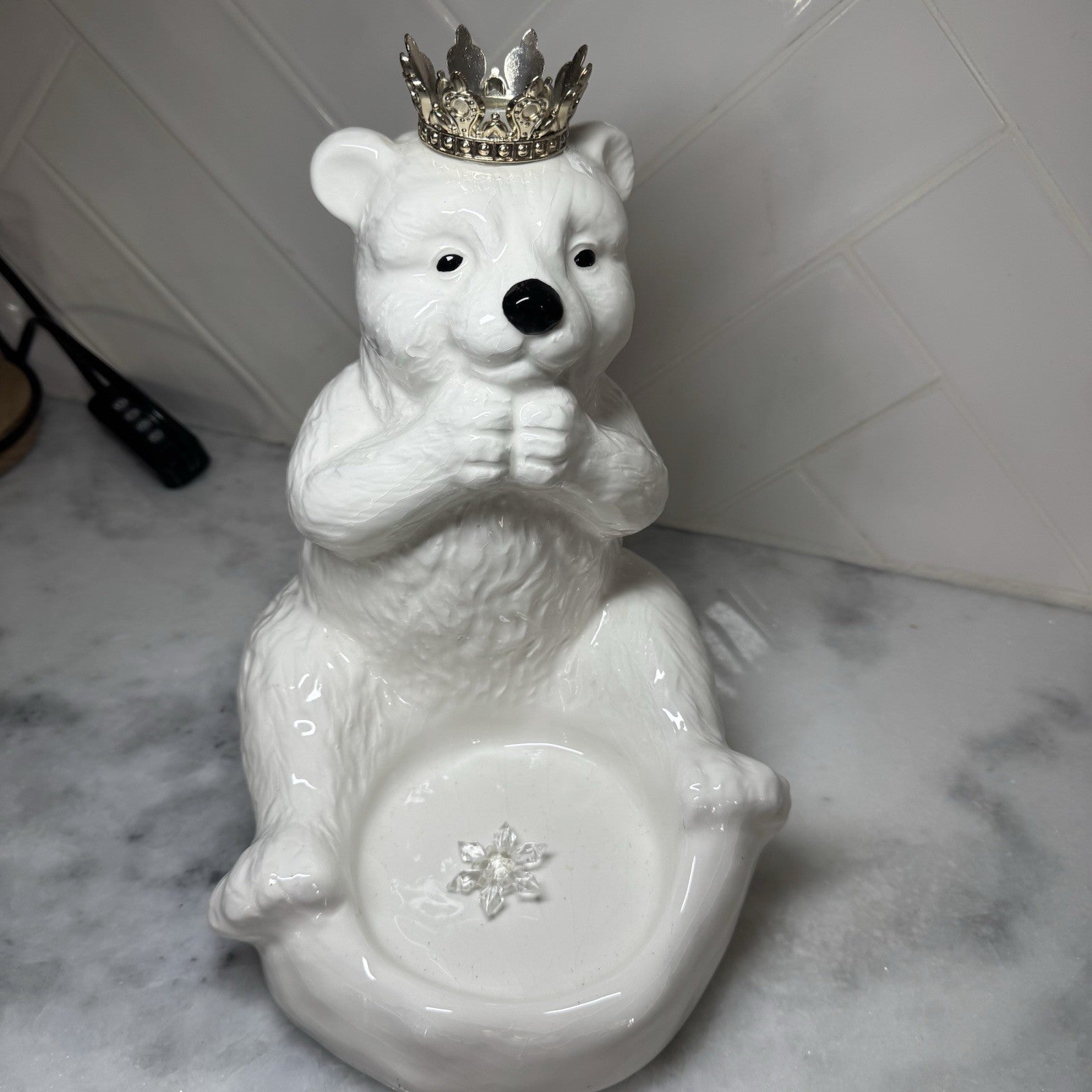 Vintage White Polar Bear Jewelry Dish / Candle Holder w Crown Decor Ceramic