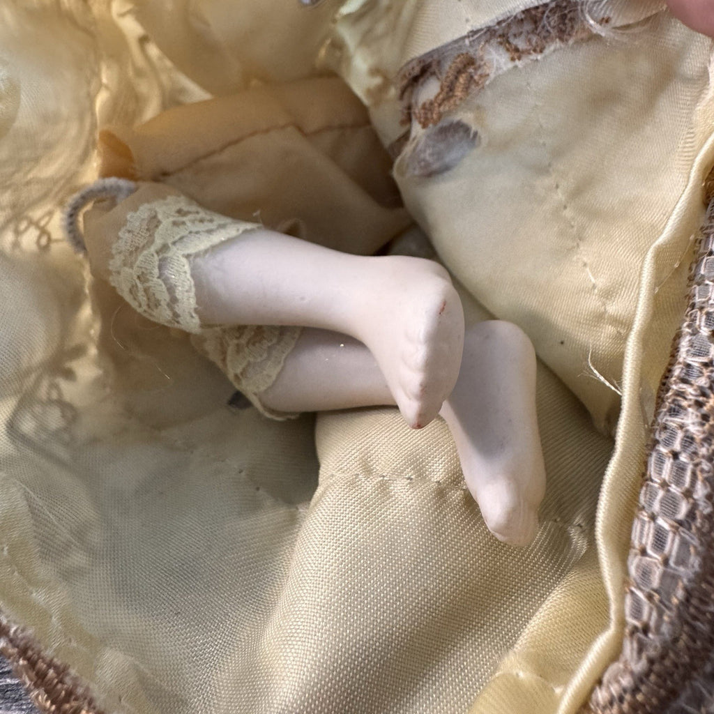 Vintage Bisque Porcelain Angel Doll 8" Gold Lace Dress Musical Lute Tree Topper