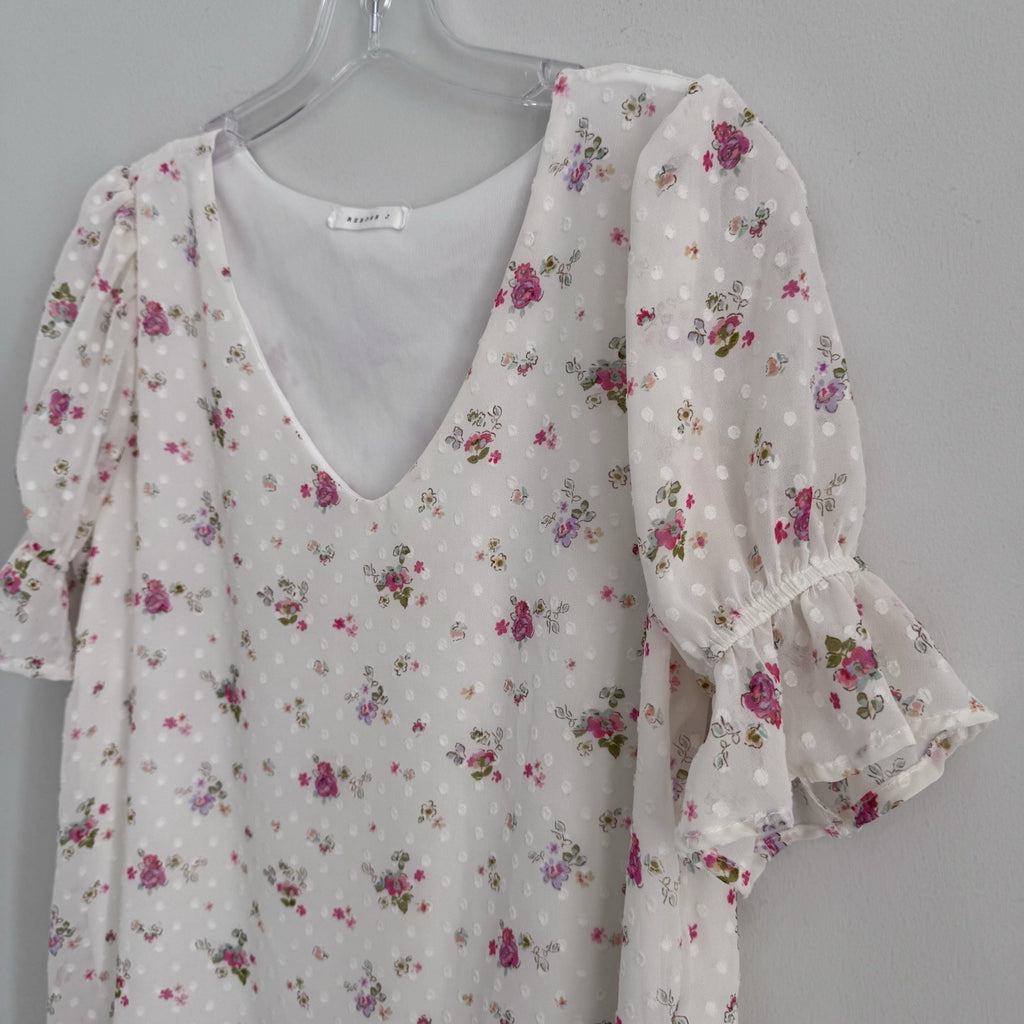 Reborn J Floral Swiss Dot Blouse Small Ivory Ruffle Sleeve