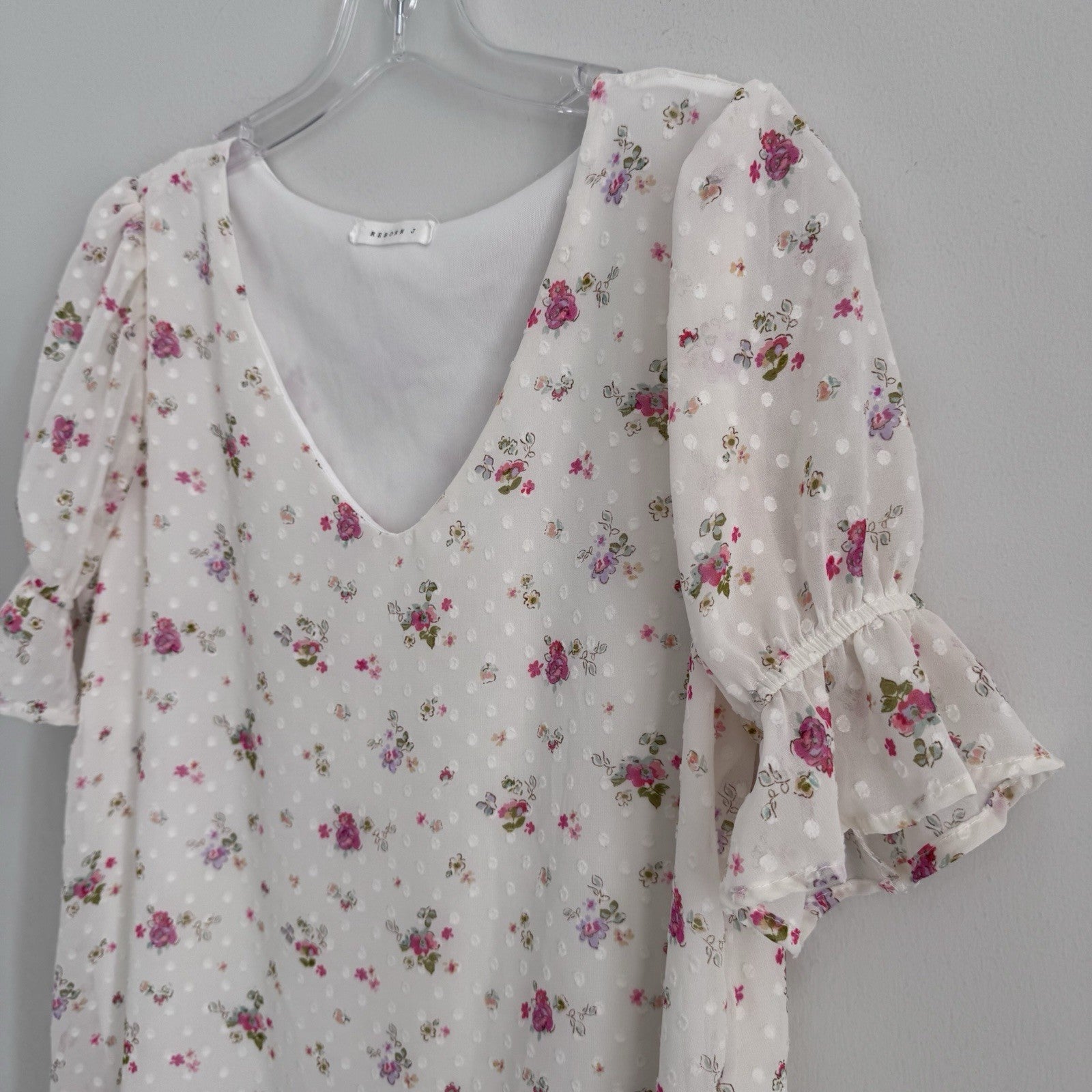 Reborn J Floral Swiss Dot Blouse Small Ivory Ruffle Sleeve