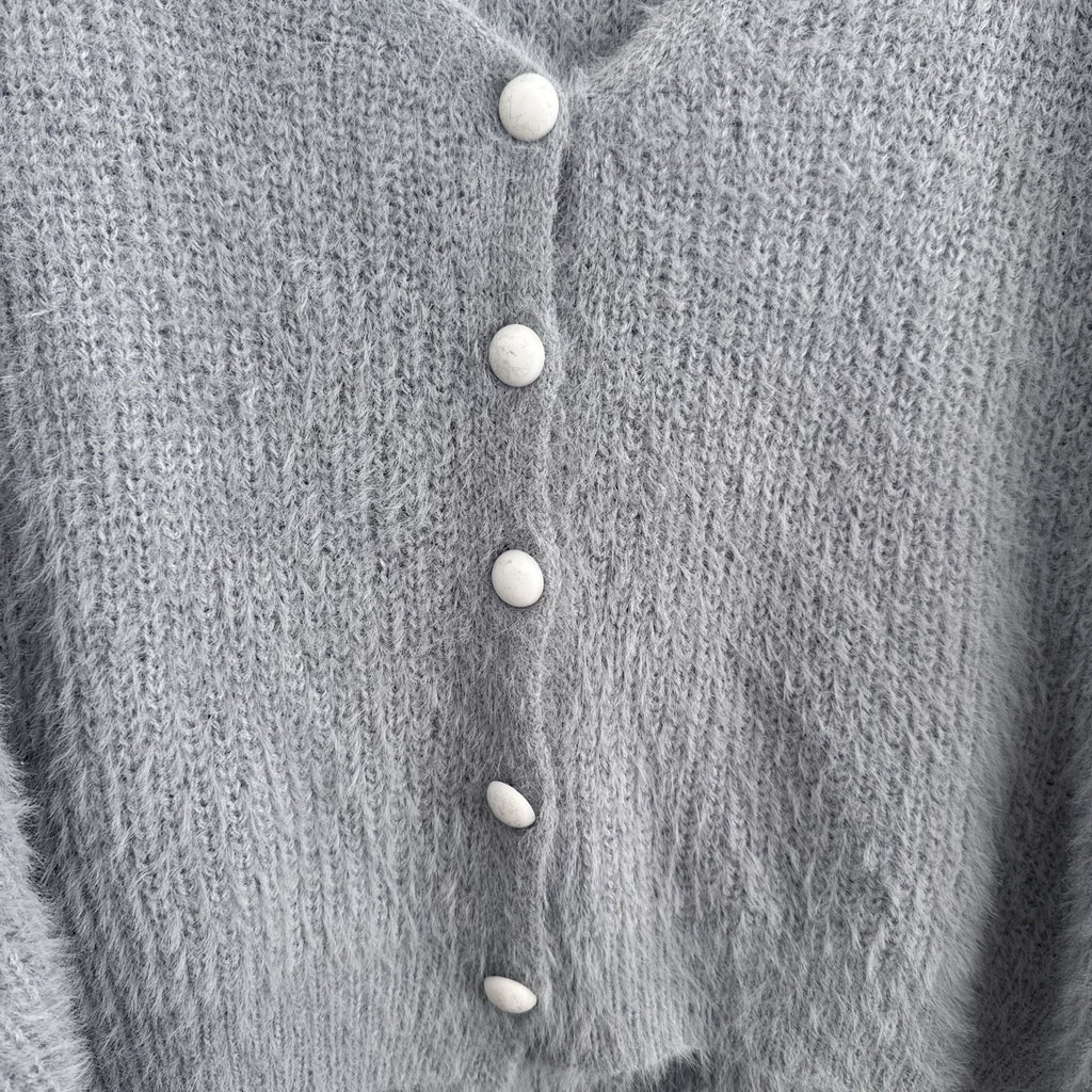 Nasty Gal Y2K Fuzzy Knit Cropped Cardigan Gray V Neck Button M