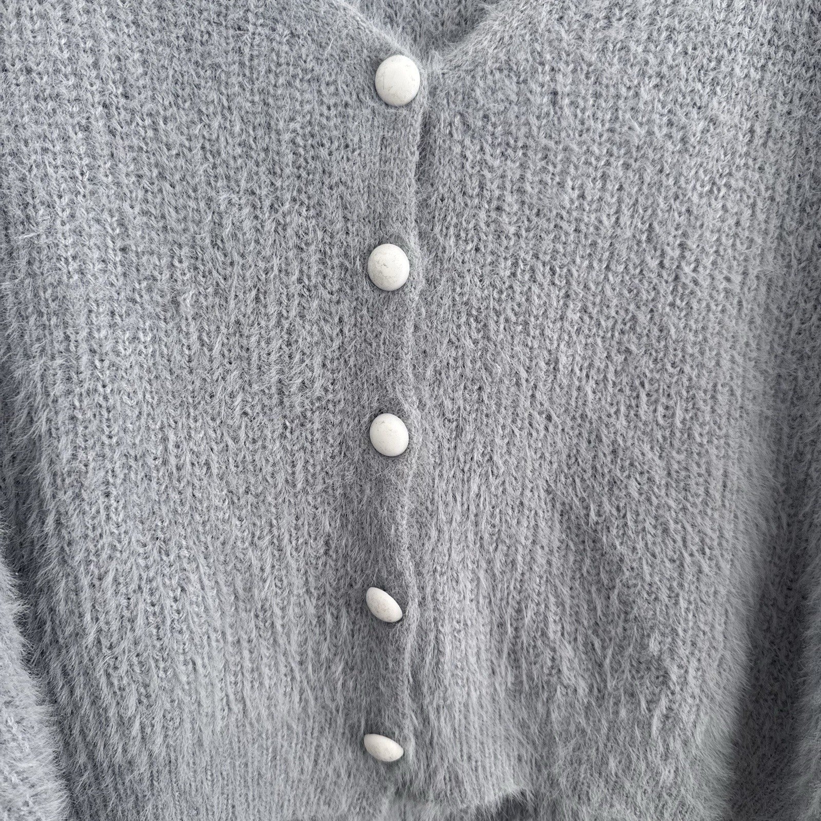 Nasty Gal Y2K Fuzzy Knit Cropped Cardigan Gray V Neck Button M