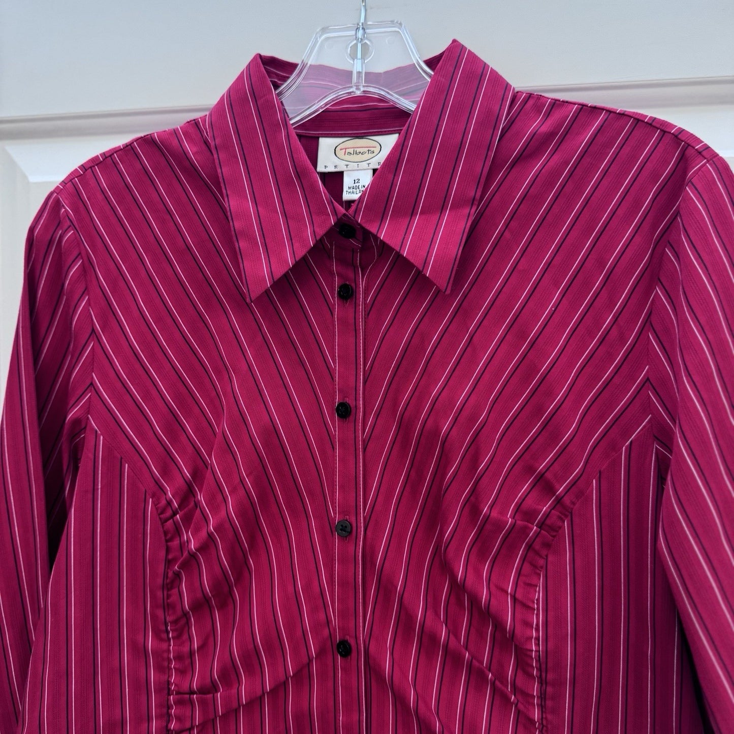 Talbots Petites Blouse 12P Pink White Stripe Button Front Long Sleeve NWT