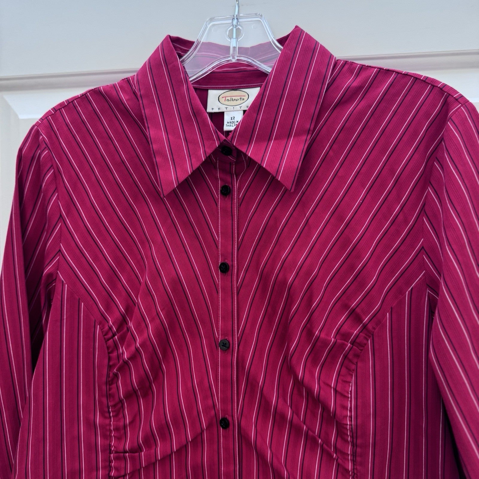 Talbots Petites Blouse 12P Pink White Stripe Button Front Long Sleeve NWT