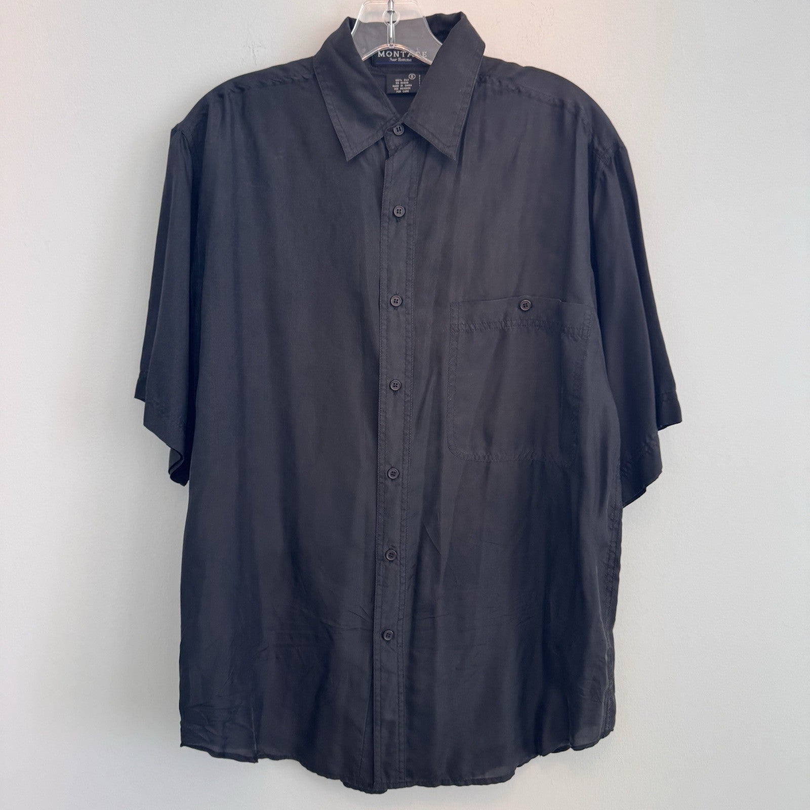 Montage Pour Homme Vintage 100% Silk Shirt Mens Small Black S/S Button Down
