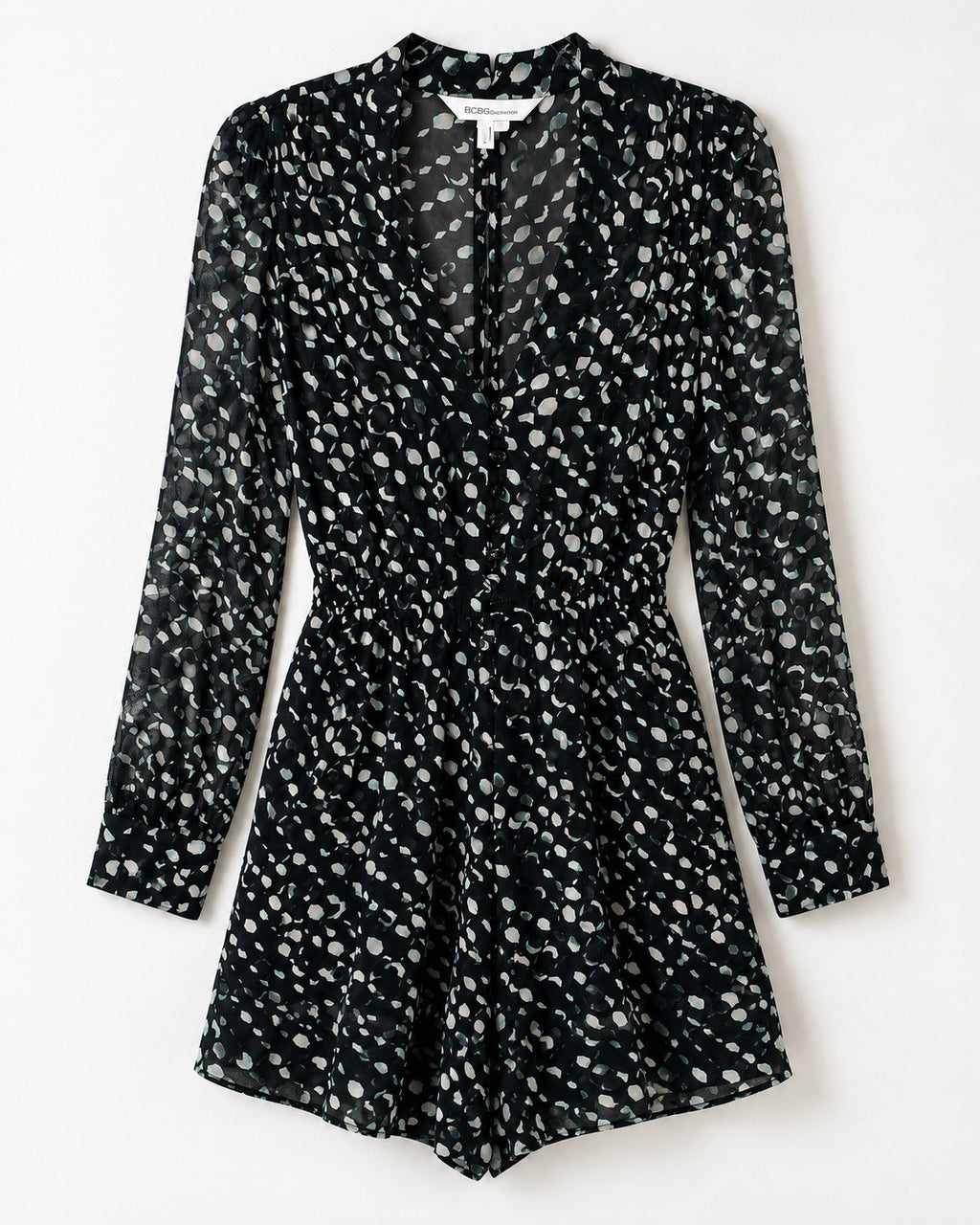 BCBG Generation Romper Small Black Sheer Long Sleeve Print Boho Chic