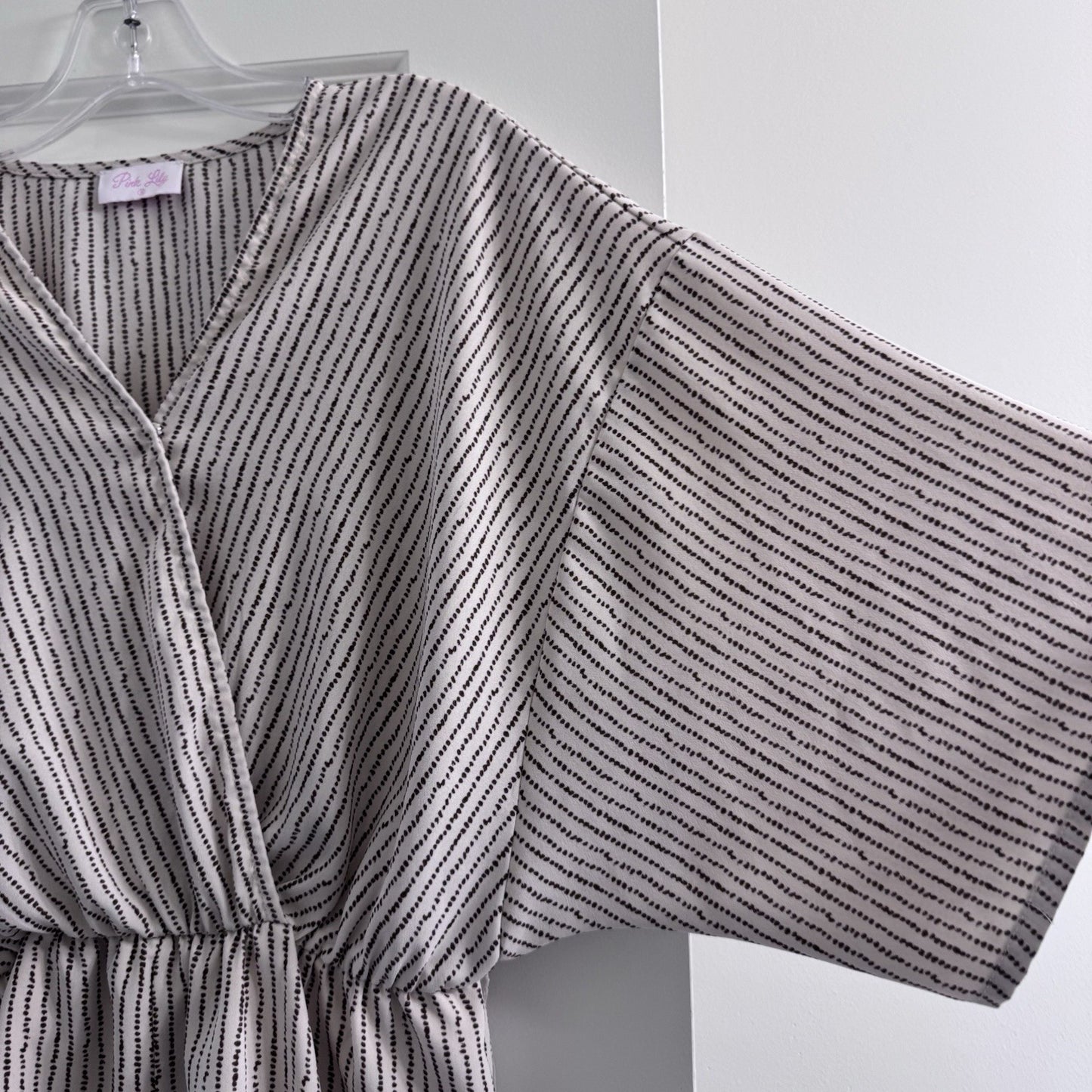 Pink Lily Womens Romper Small Kimono Sleeve Beige Black Stripe Wrap