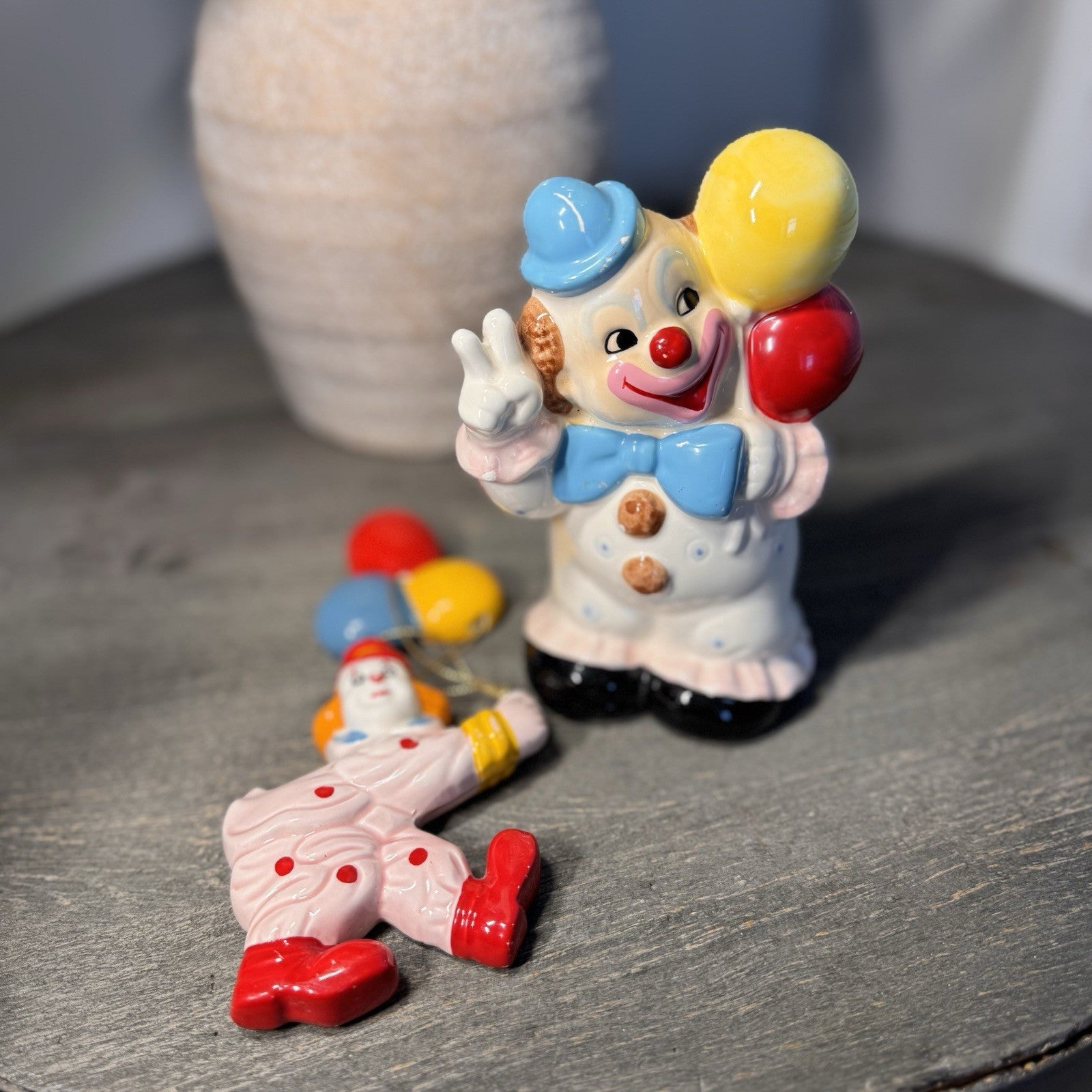 Vintage Lefton Ceramic Clown Bank & Balloon Ornament Set 6254 Mid Century Decor