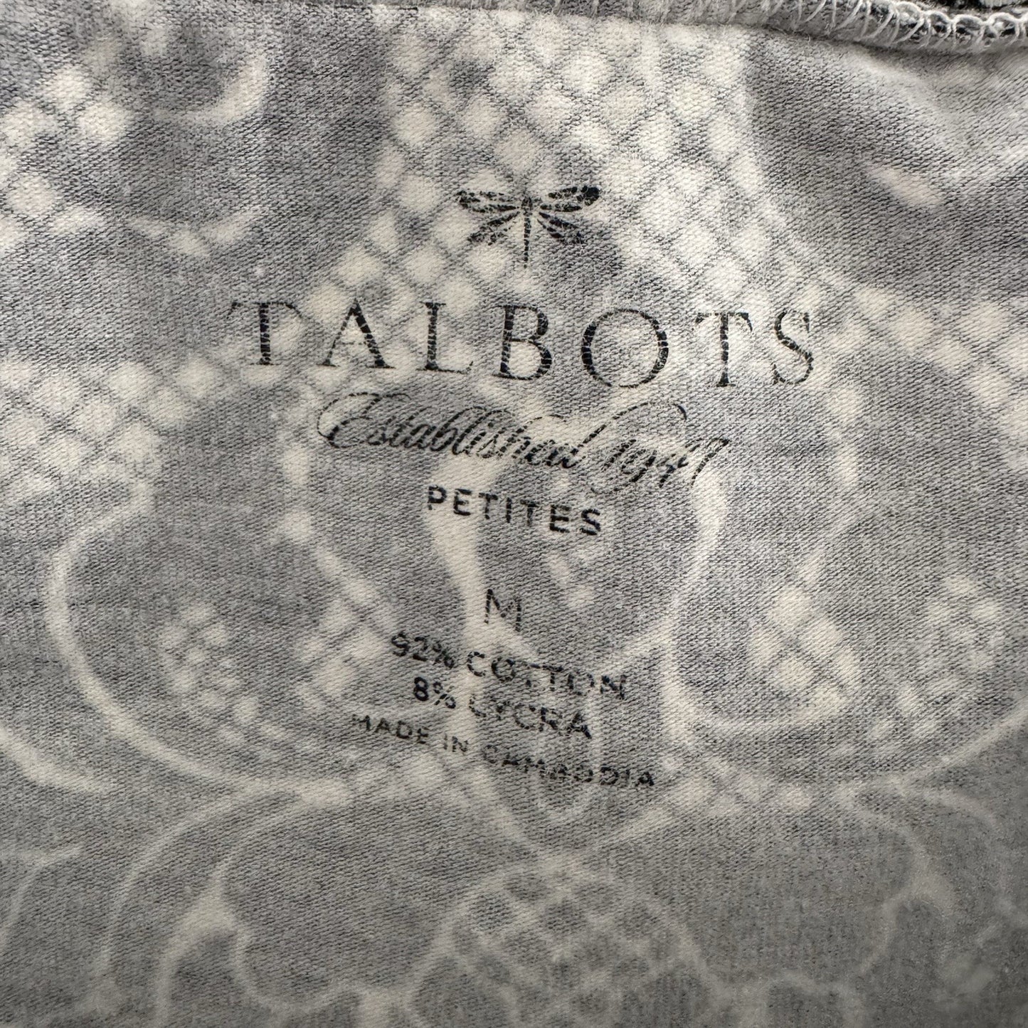 Talbots Petites Top Medium Navy White Damask Print 3/4 Sleeve Stretch Cotton Tee