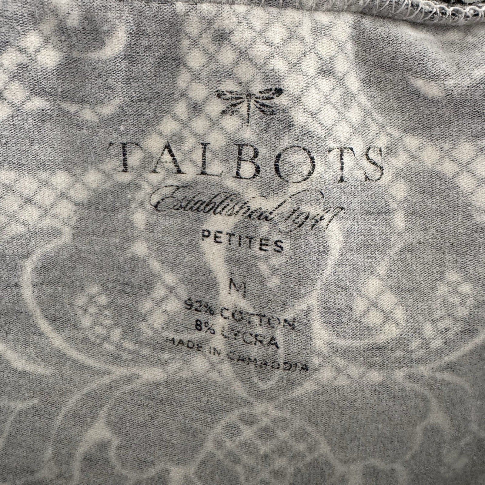Talbots Petites Top Medium Navy White Damask Print 3/4 Sleeve Stretch Cotton Tee