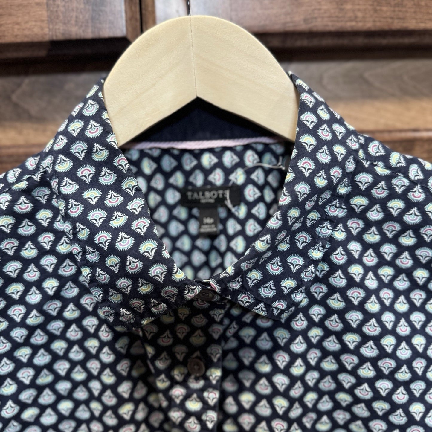 Talbots Button Down Shirt Size 16 Navy Multicolor Paisley Print 