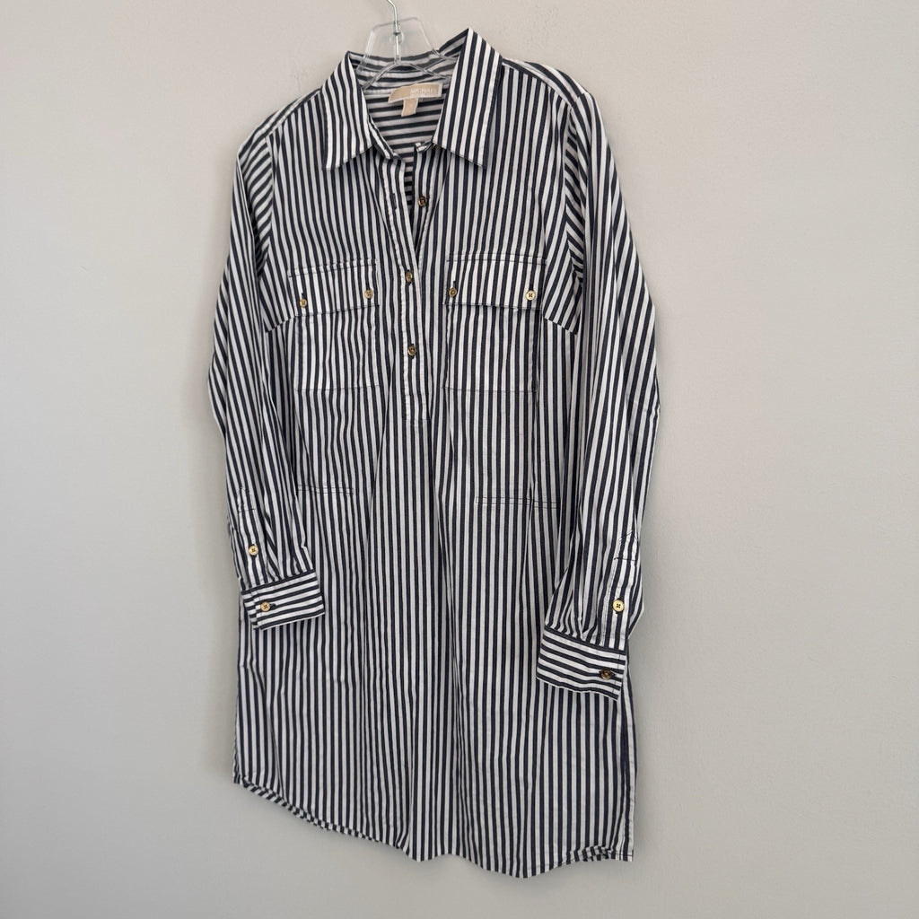 MICHAEL Michael Kors Women's Medium Navy White Striped Shirt Dress Pockets Gold