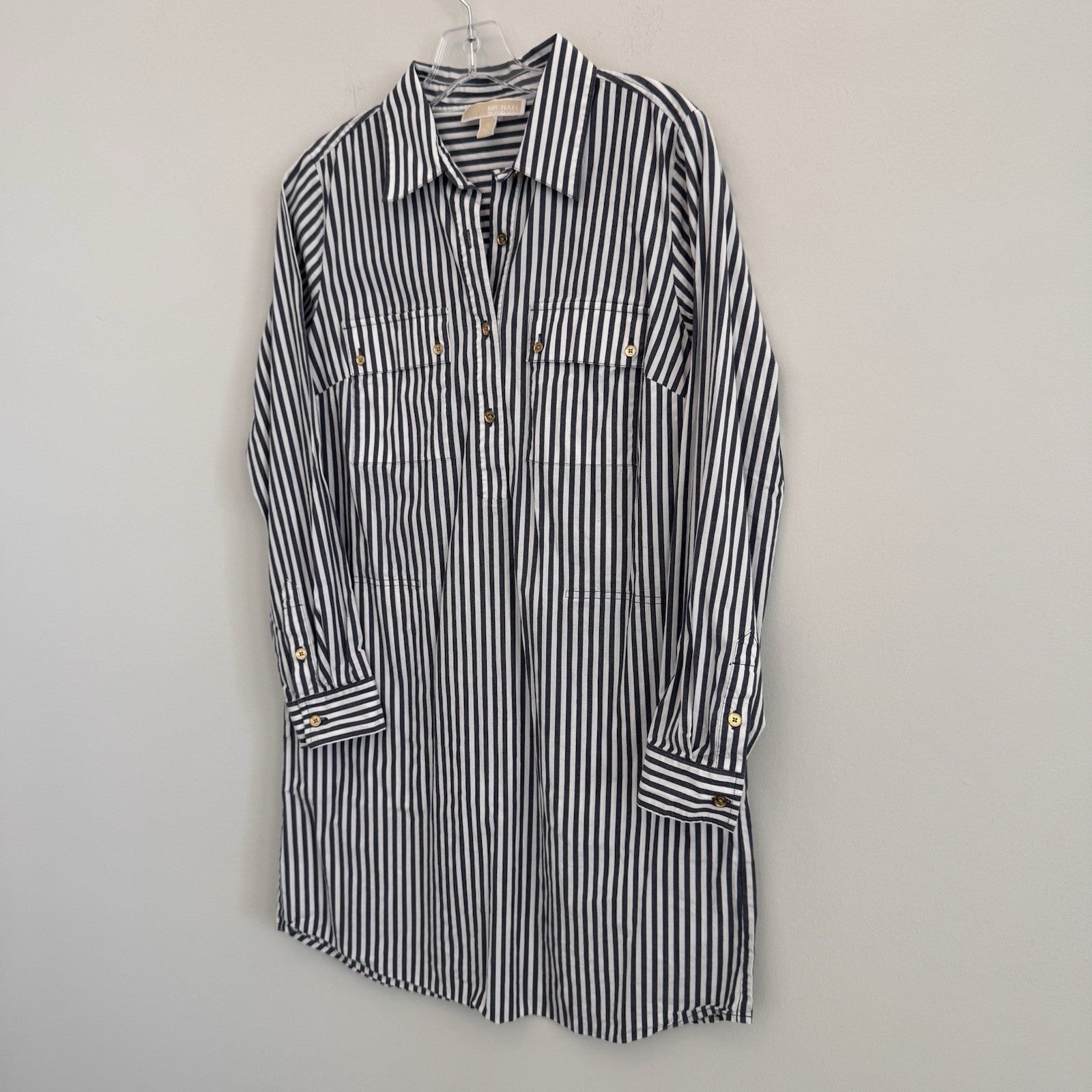 MICHAEL Michael Kors Women's Medium Navy White Striped Shirt Dress Pockets Gold