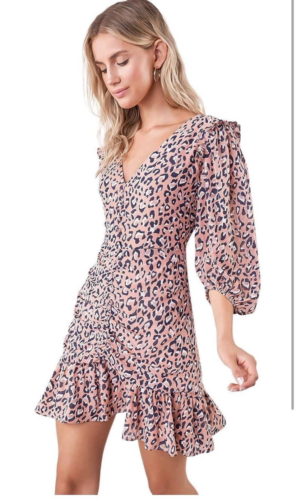 Sugar Lips Leopard Print Dress Small Ruched Ruffle Long Sleeve