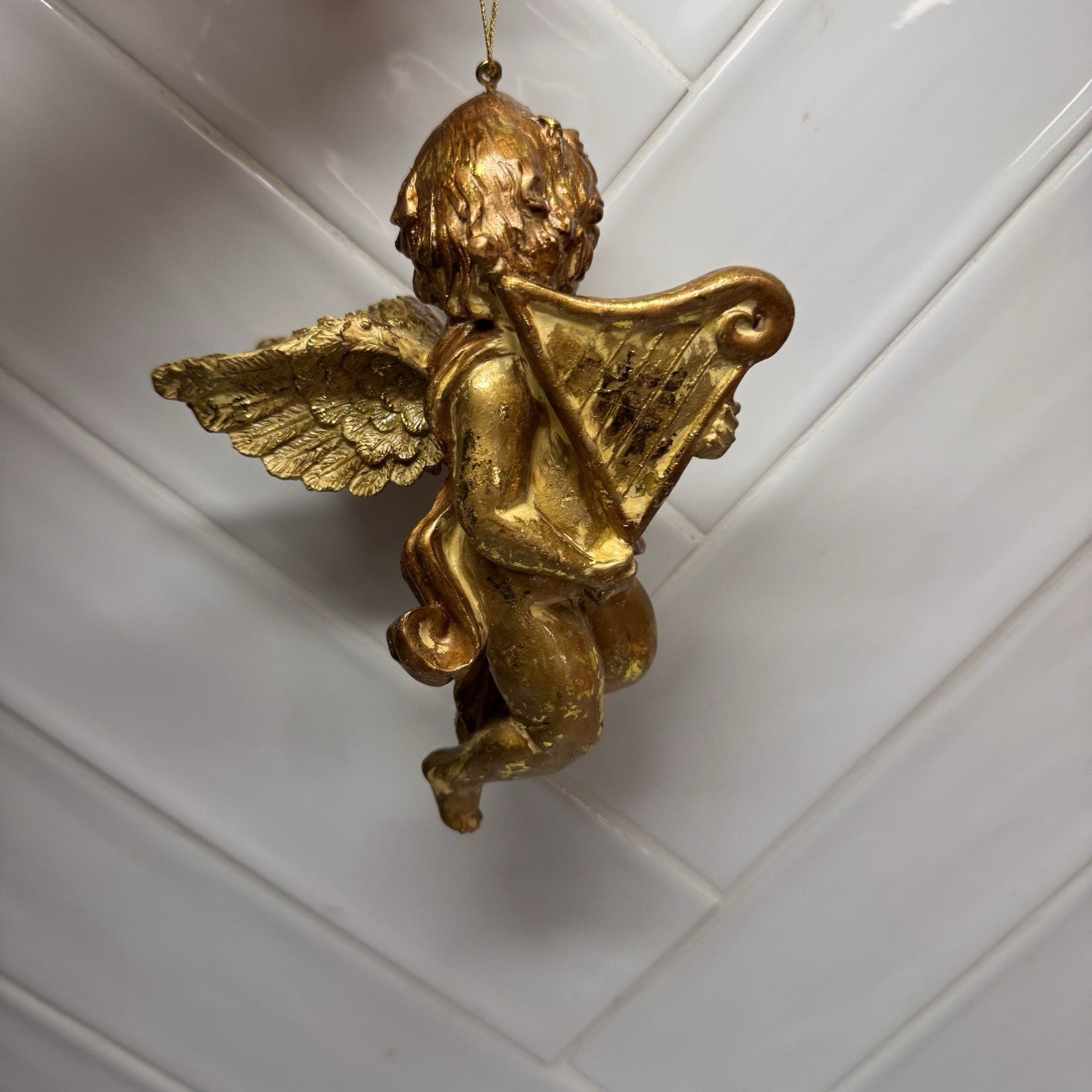 Gold Cherub Angel Ornament Harp Vintage Christmas Decor