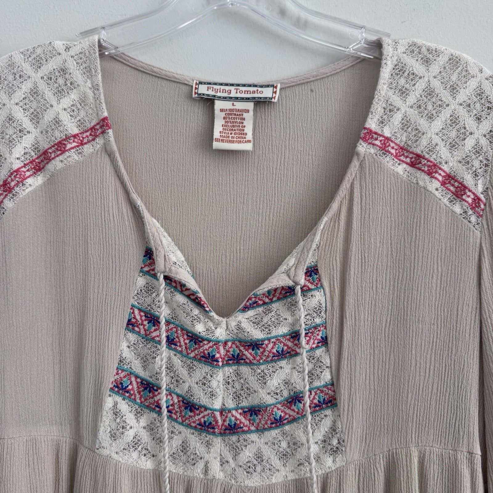 Women’s Flying Tomato Boho Peasant Dress Size L Taupe Lace