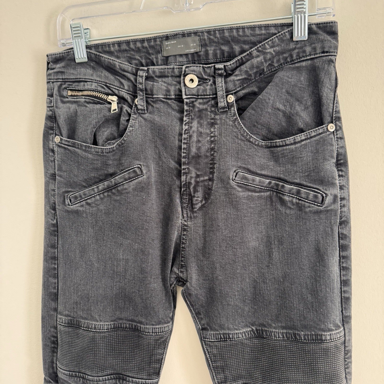ZARA MAN Gray Biker Jeans 30 Skinny Moto Denim Ribbed Paneling Zipper Pockets