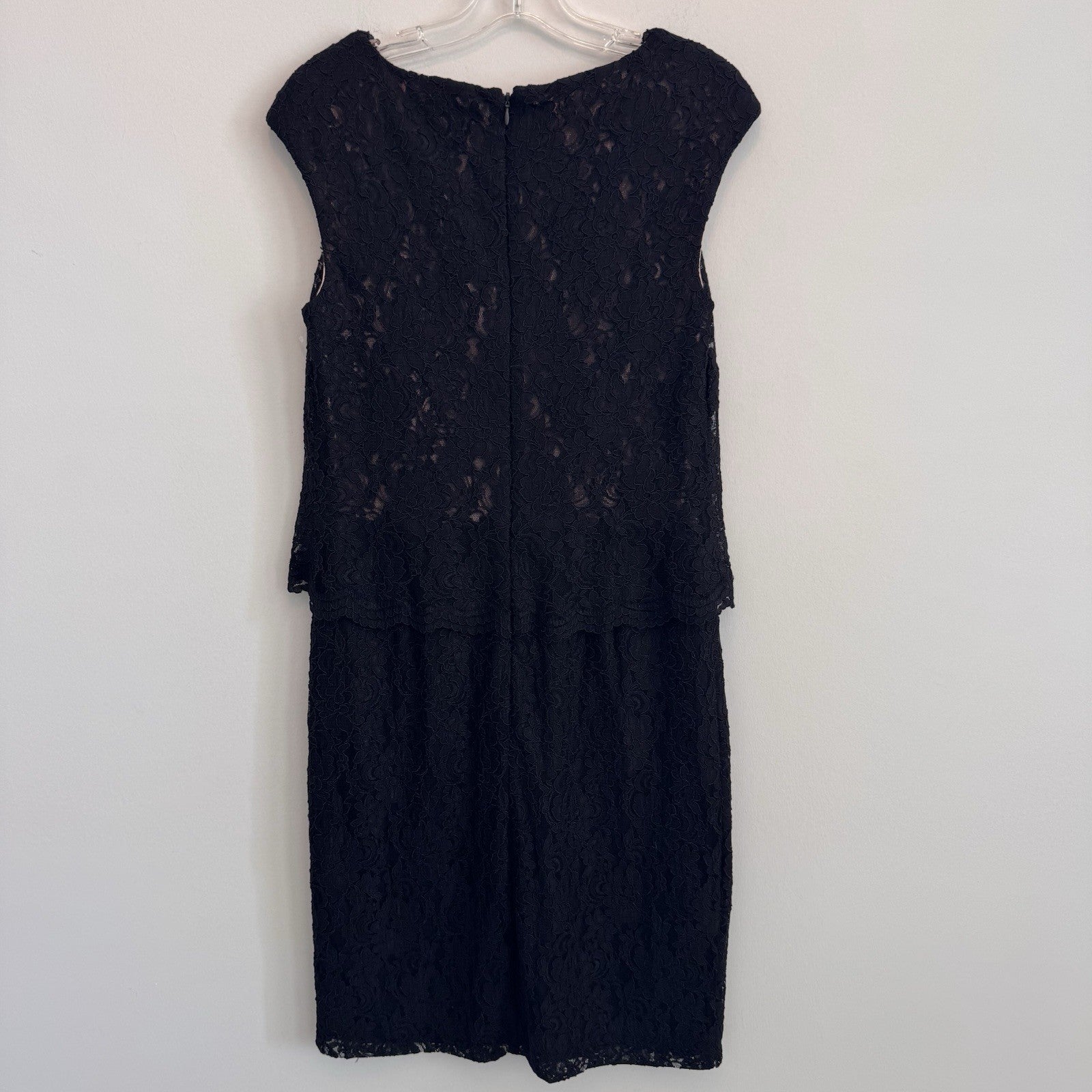 Lauren Ralph Lauren Black Lace Pink Lined Sheath Dress Size 12 Cap Sleeve Womens