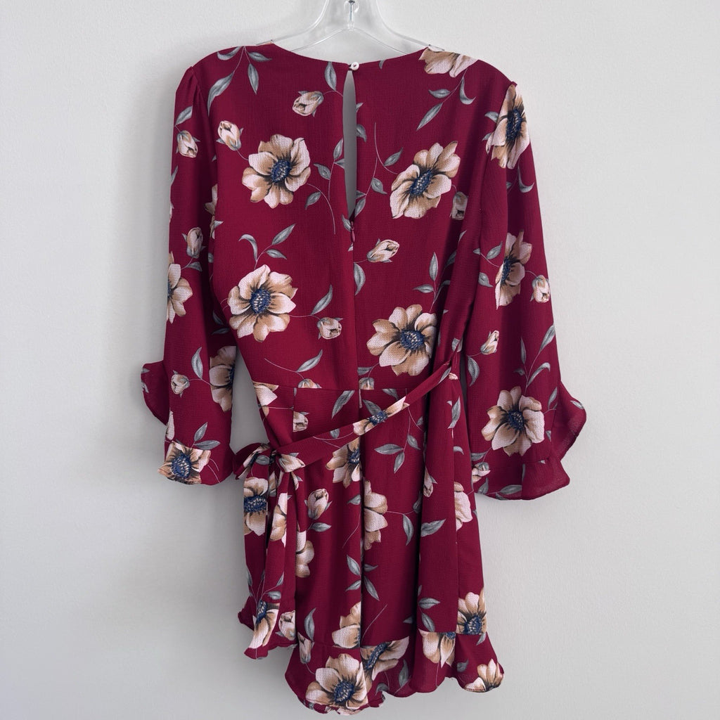 Entro Burgundy Floral Faux Wrap Dress Medium Long Sleeve Ruffle Hem