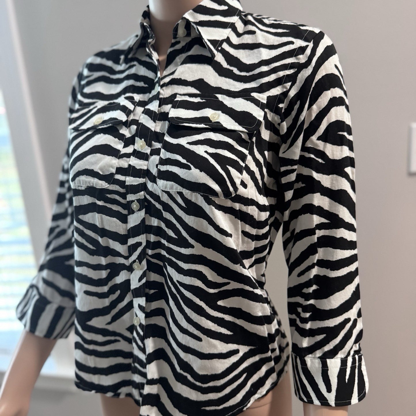 Lauren Ralph Lauren Petite Zebra Print Button Down Shirt Black White P/P