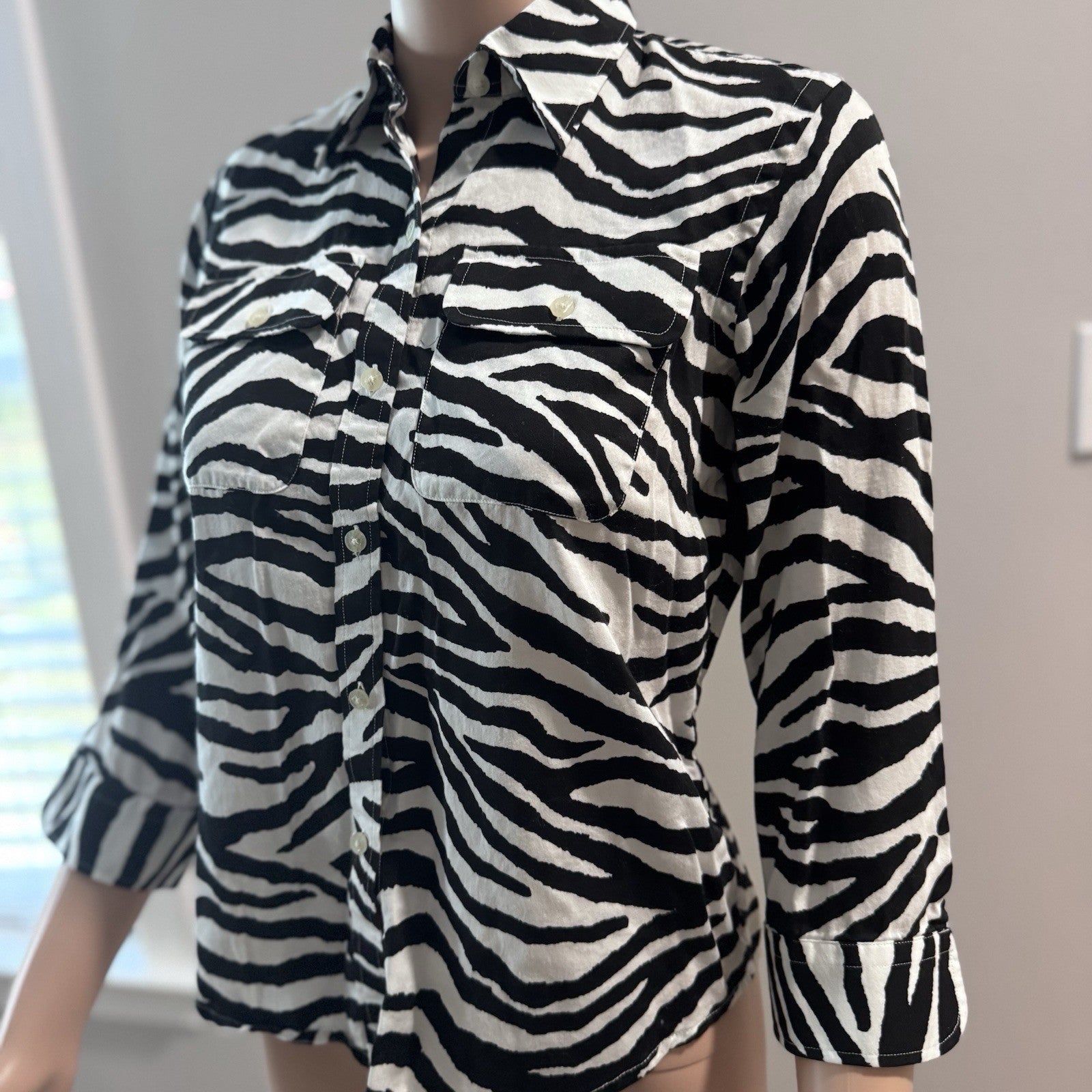 Lauren Ralph Lauren Petite Zebra Print Button Down Shirt Black White P/P