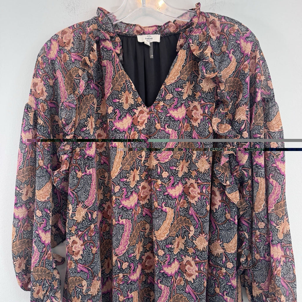 Entro Floral Boho Blouse Women’s Large Lined Peasant Top Pink Black