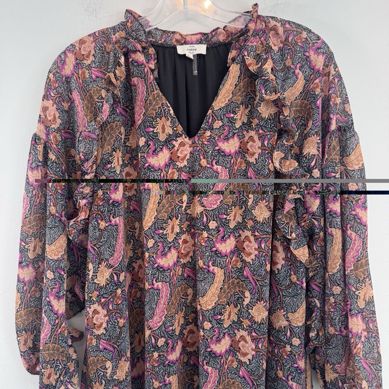 Entro Floral Boho Blouse Women’s Large Lined Peasant Top Pink Black