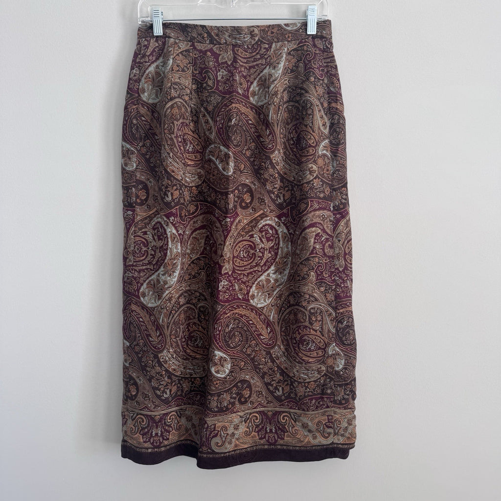 Talbots Y2K Silk Midi Skirt 8 Paisley Burgundy Lined Vintage