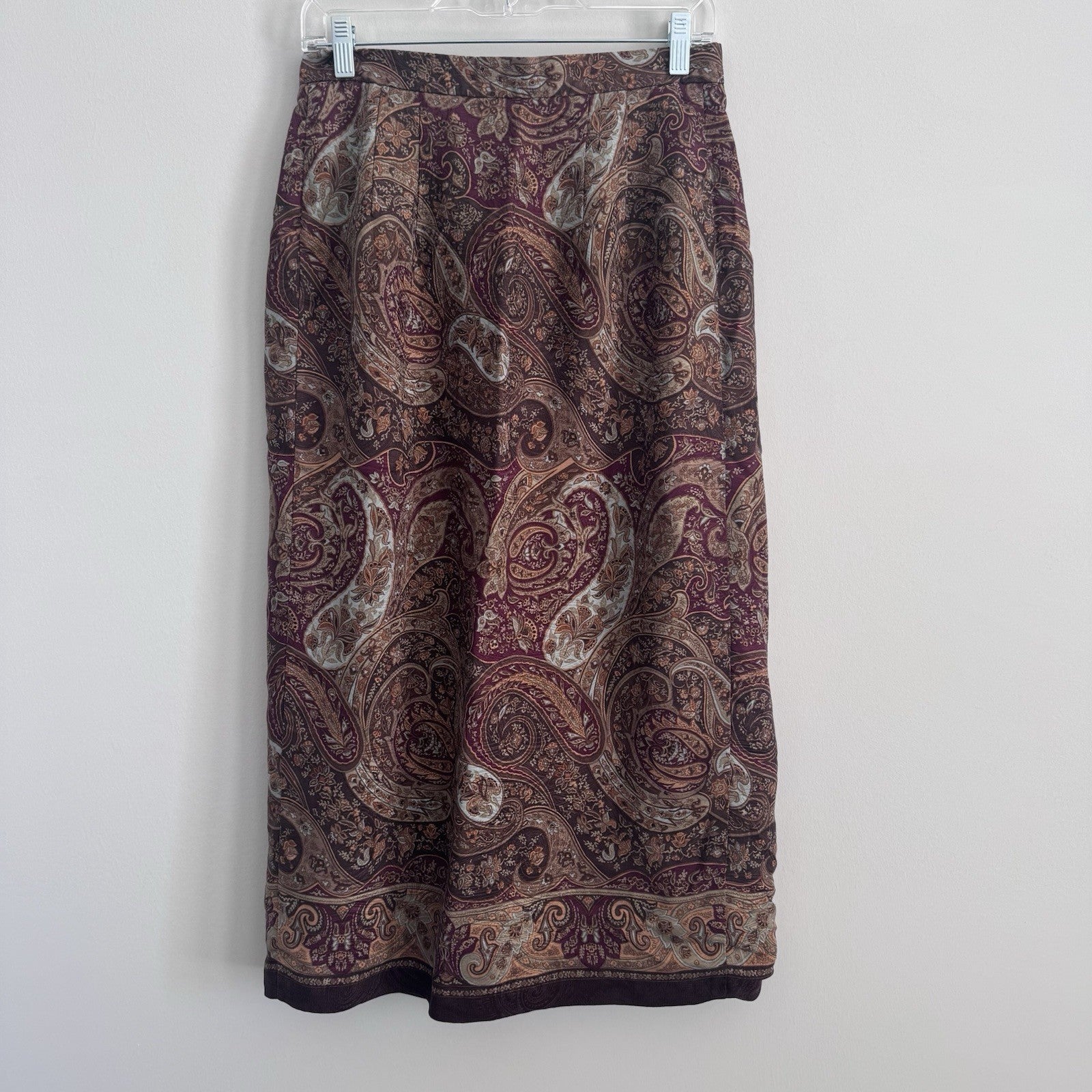 Talbots Y2K Silk Midi Skirt 8 Paisley Burgundy Lined Vintage