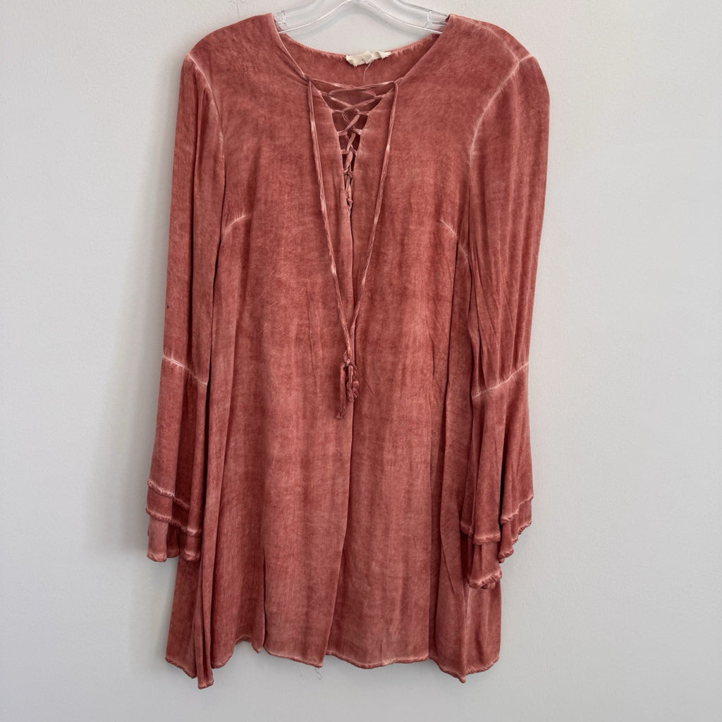 Entro Women’s Medium Rust Bell Sleeve Lace Up Boho Mini Dress Peasant Tunic
