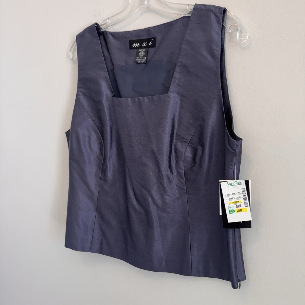 NWT mxi 100% Silk Sleeveless Shell Top Blouse Blue Slate Size 14P Petite