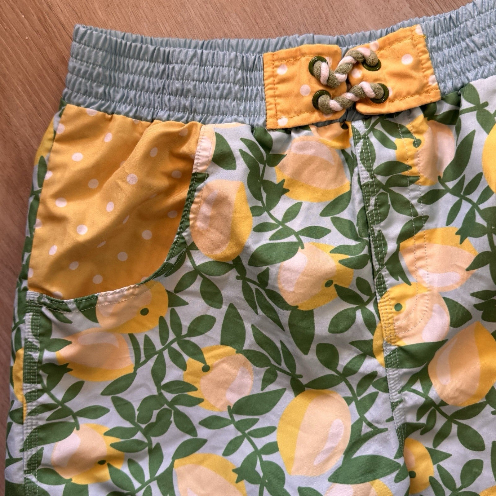 Matilda Jane Boys Size 14 Swim Trunks Board Shorts Lemon Print Blue Yellow Mesh
