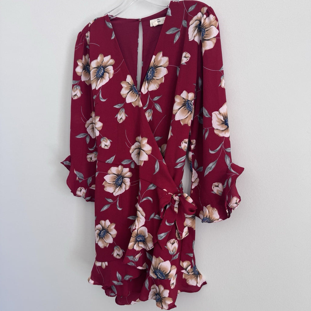 Entro Burgundy Floral Faux Wrap Dress Medium Long Sleeve Ruffle Hem