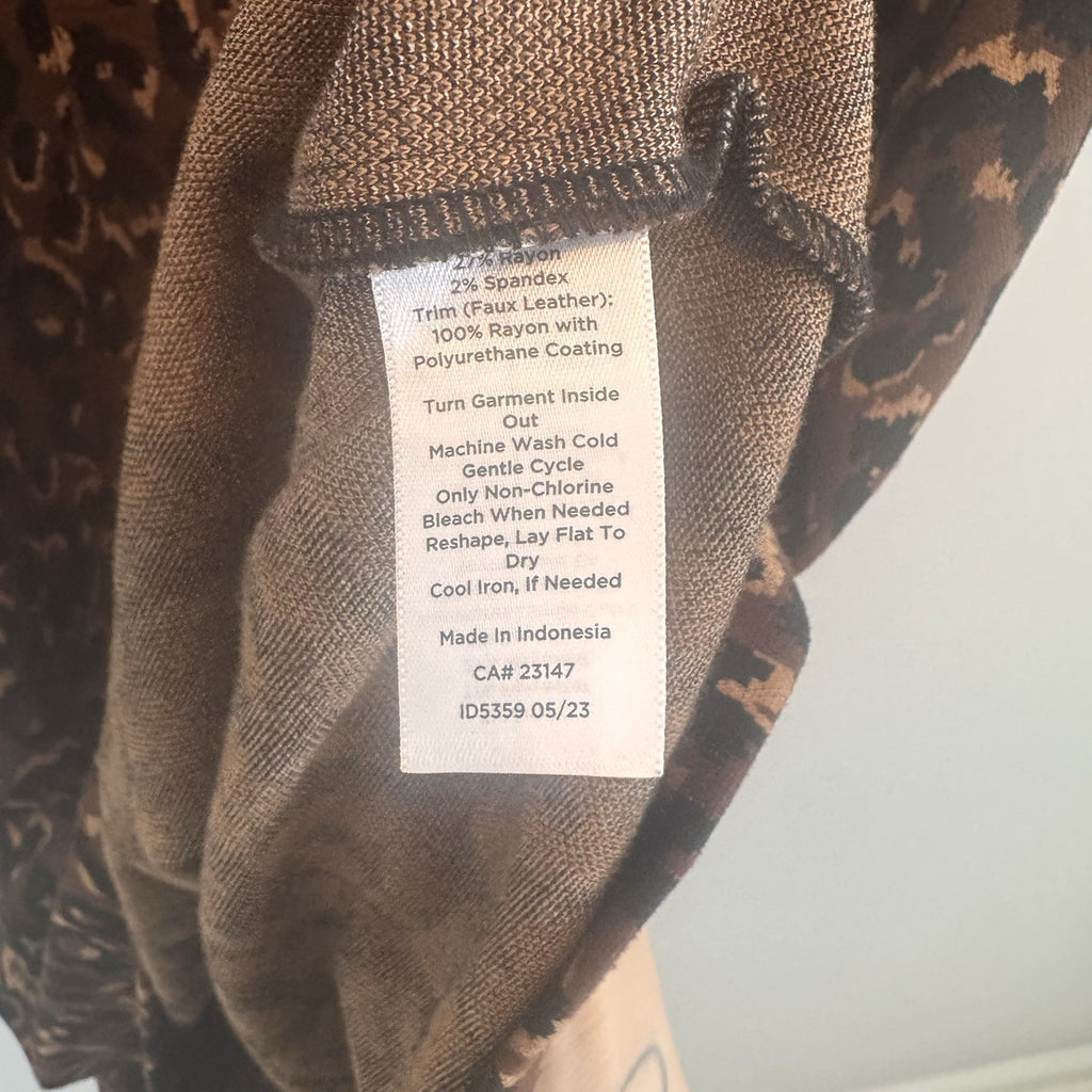 Talbots Leopard Print A-Line Dress Size 14 Faux Leather Trim 3/4 Sleeve