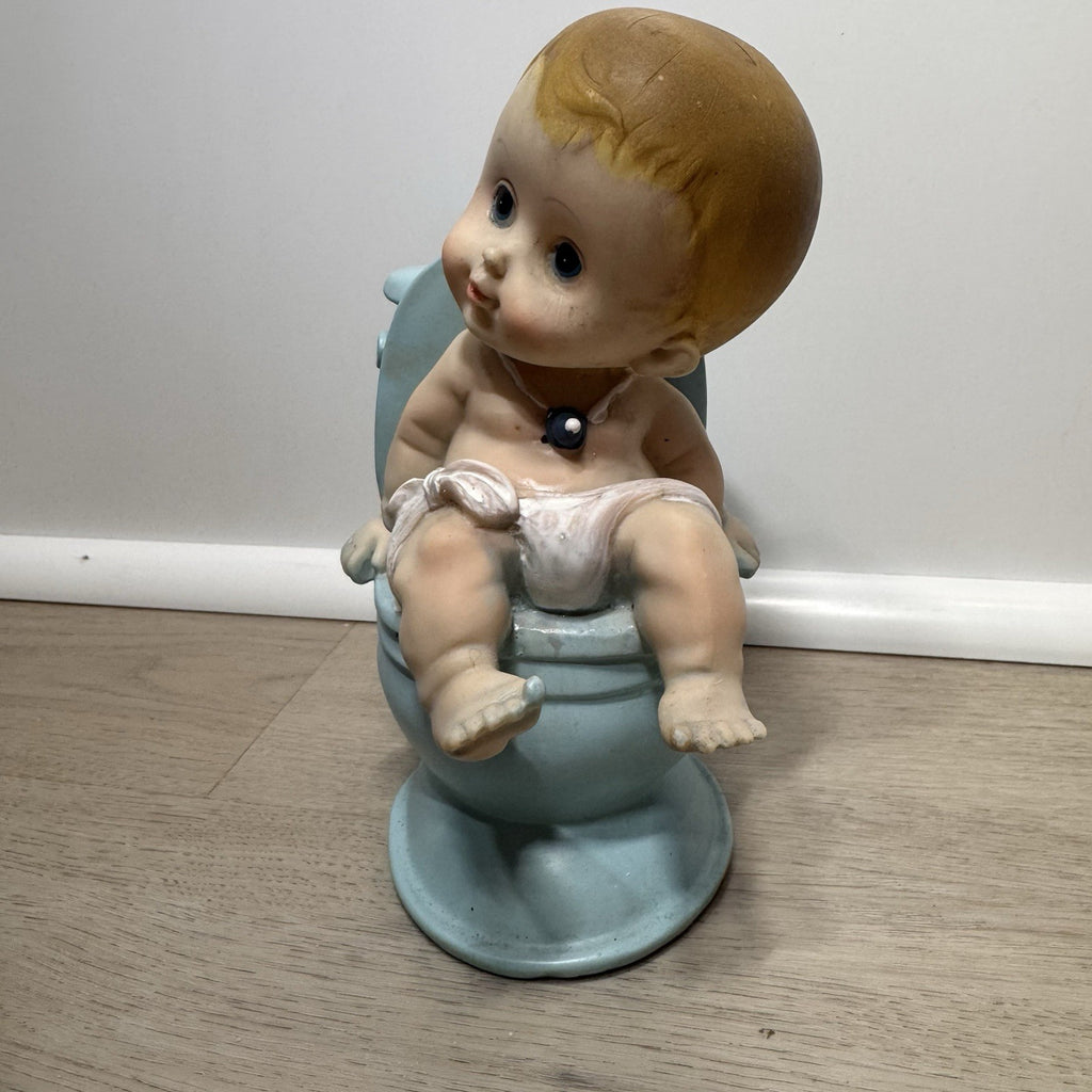 Vintage 1970s Potty Training Baby Coin Bank Kitsch Blue Toilet Chalkware MCM 6"