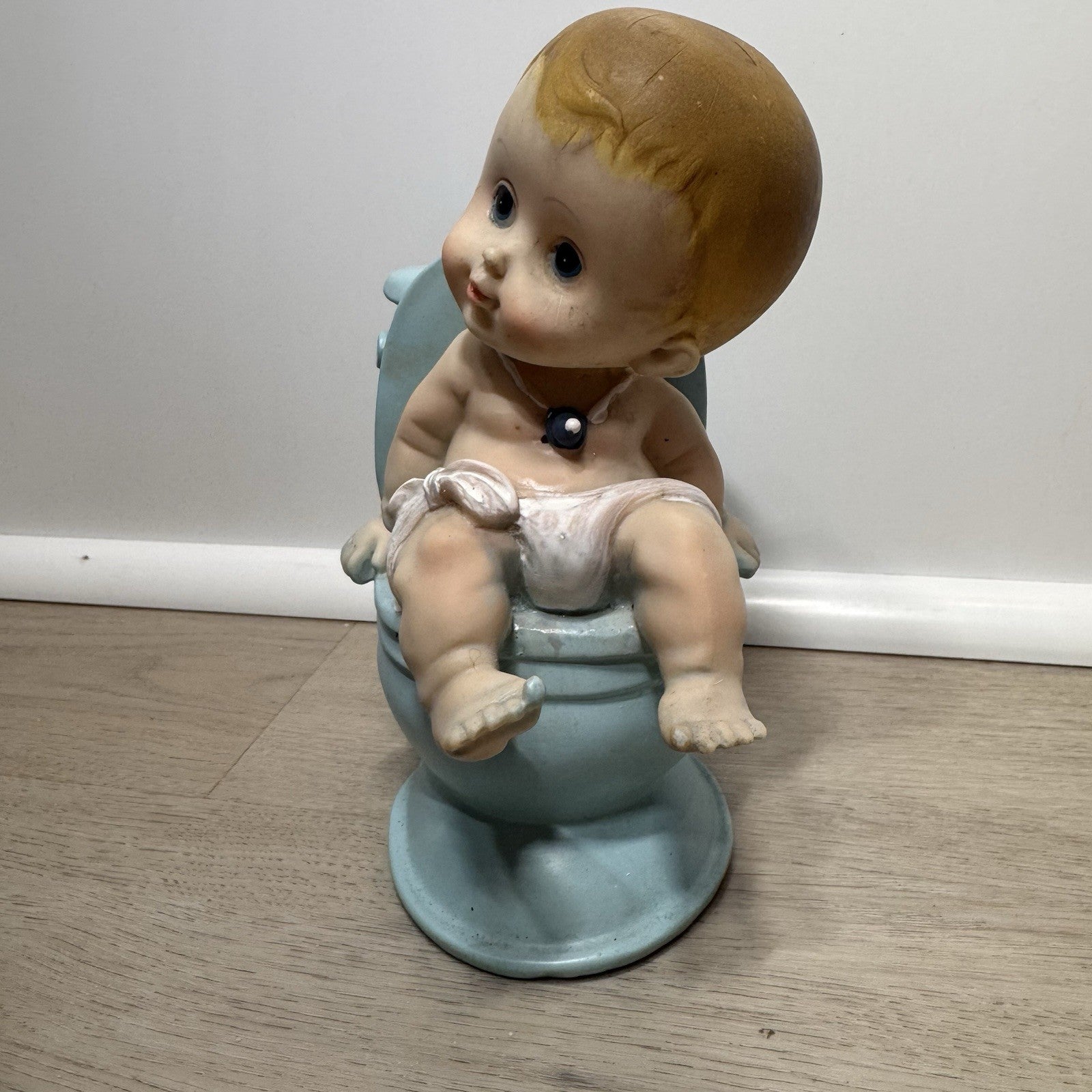 Vintage 1970s Potty Training Baby Coin Bank Kitsch Blue Toilet Chalkware MCM 6"