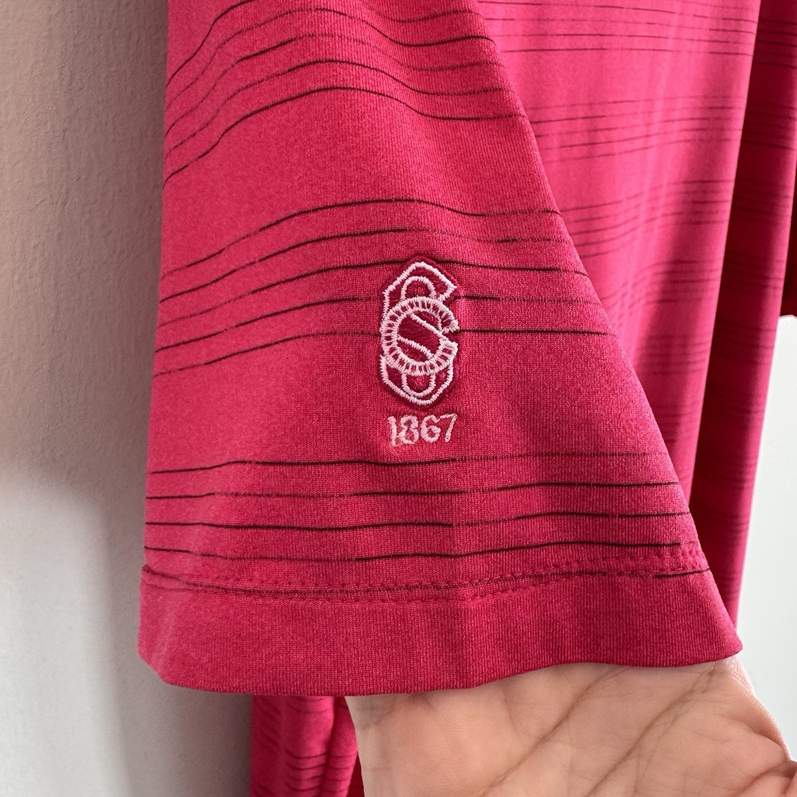 Nike Golf Dri Fit Polo Shirt Mens Large Pink Striped 1867 Logo Performance