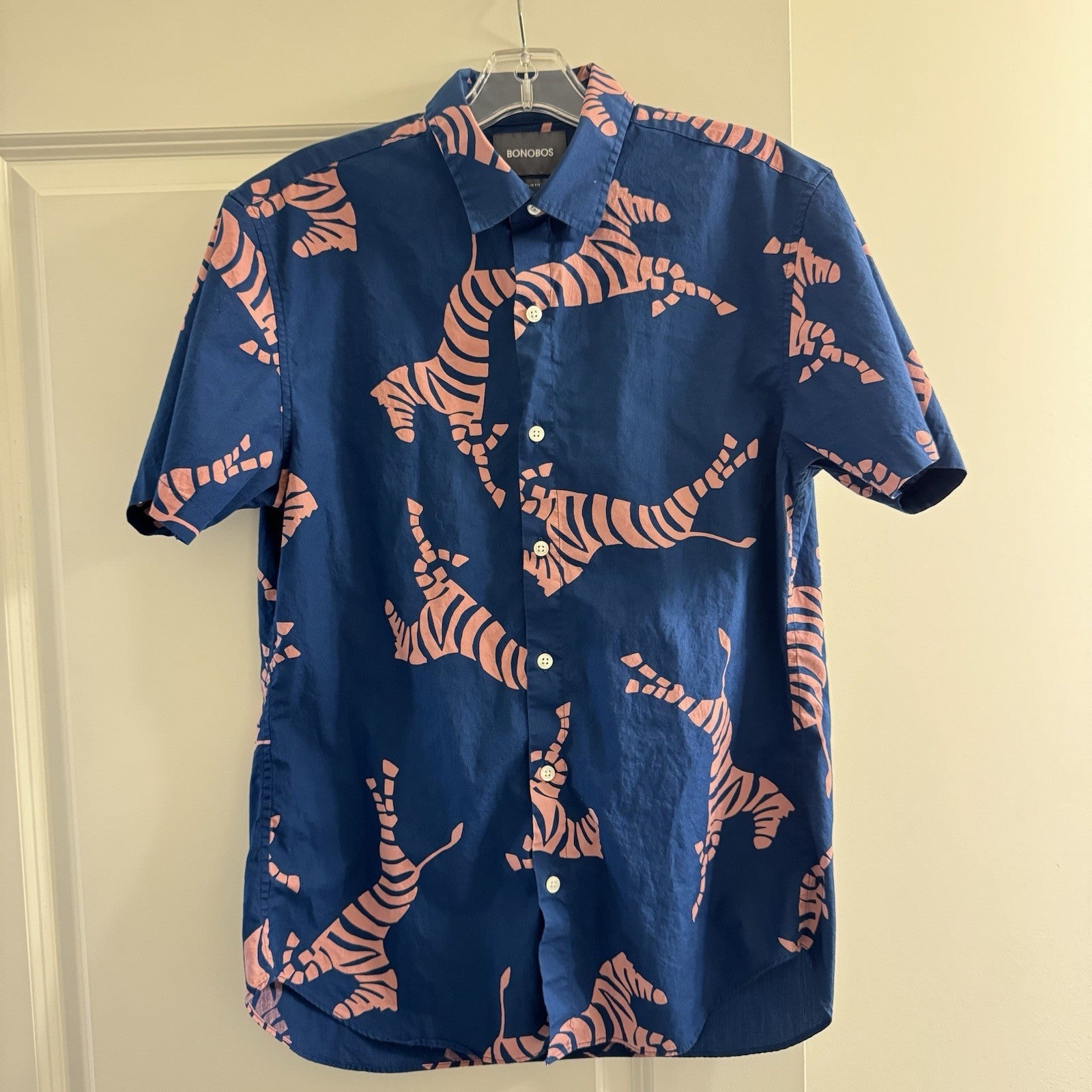 Bonobos Mens Slim Fit Shirt M Navy Pink Zebra Print Short Sleeve Cotton