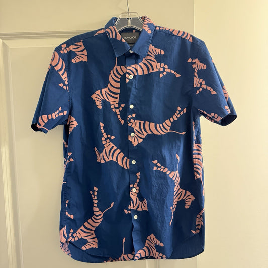 Bonobos Mens Slim Fit Shirt M Navy Pink Zebra Print Short Sleeve Cotton