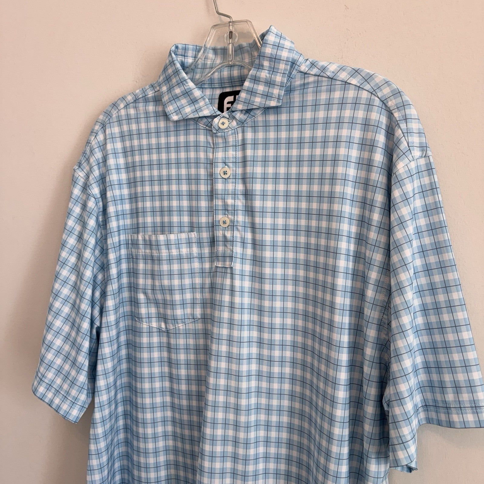 FJ Golf Polo Shirt Mens Large Blue White Gingham Plaid Performance Pocket