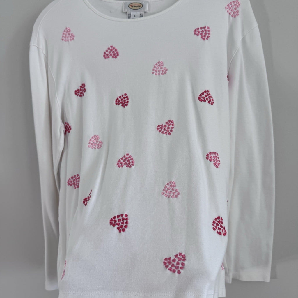 Talbots Womens Large White Pink Heart Print Long Sleeve Cotton Knit Top