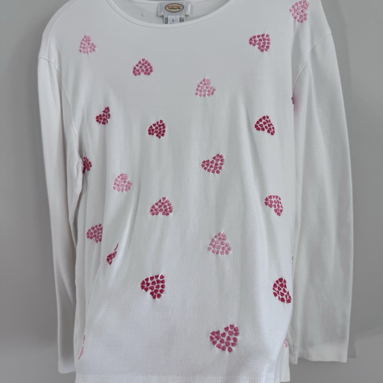 Talbots Womens Large White Pink Heart Print Long Sleeve Cotton Knit Top