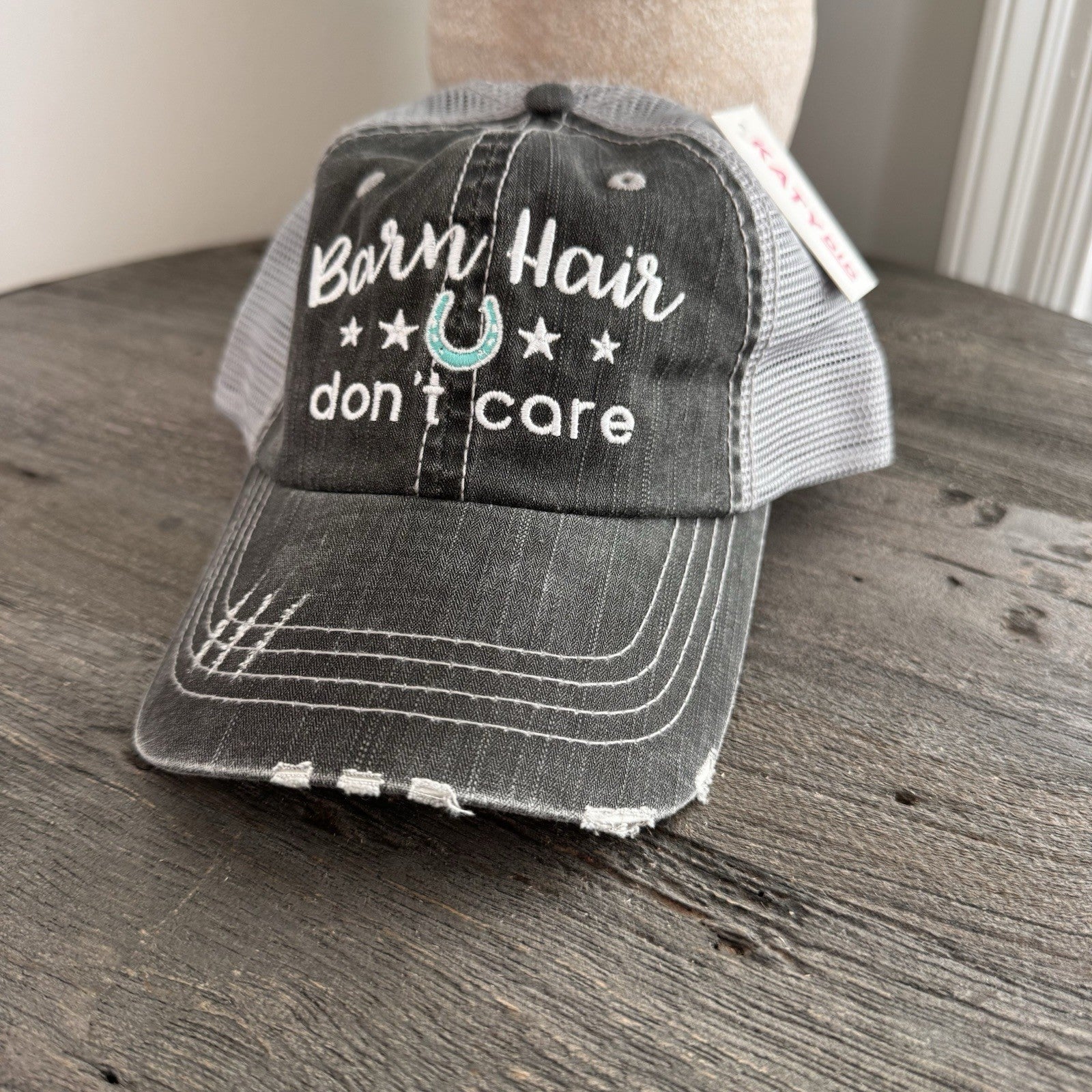 Katydid Barn Hair Don’t Care Hat Western Trucker Distressed Gray Mesh Cap Bout