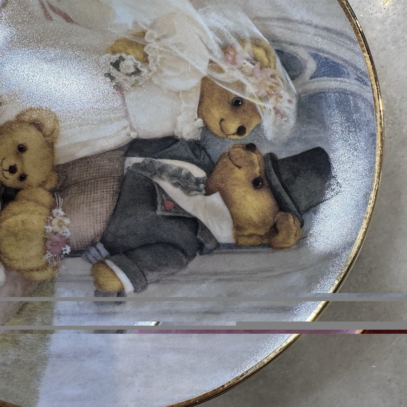 Franklin Mint Just Married Teddy Bear Wedding Collector Plate 8” Gold Trim