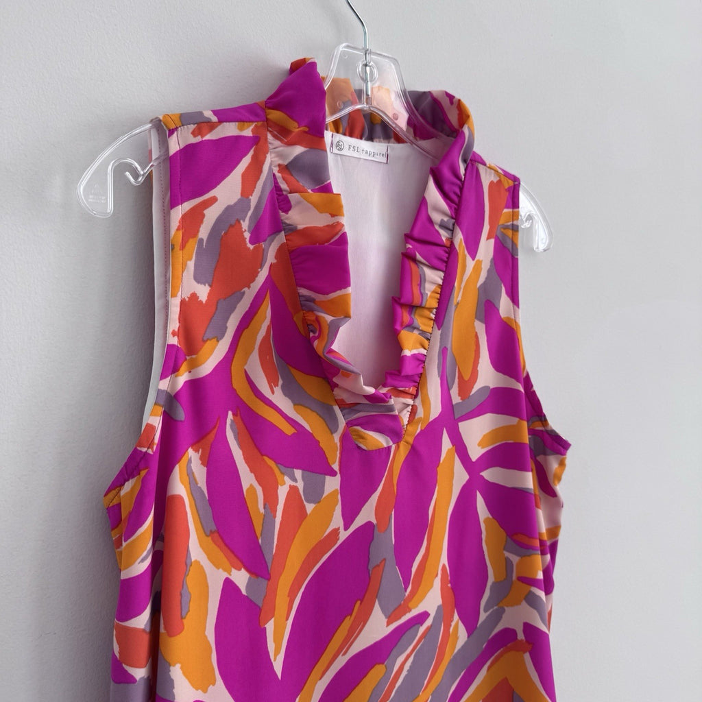 FSL Apparel Sleeveless Ruffle Dress L Pink Orange Abstract Print NWOT
