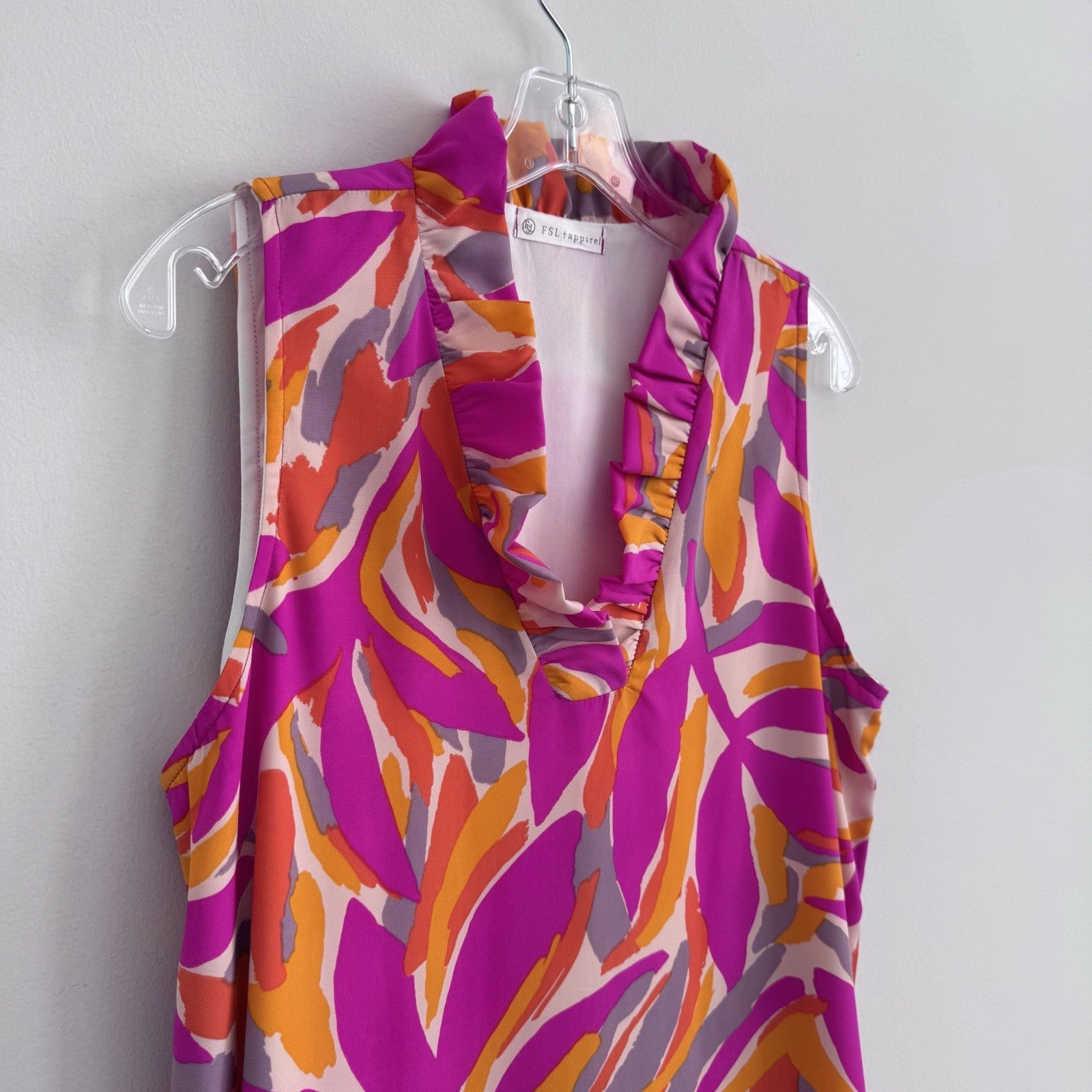 FSL Apparel Sleeveless Ruffle Dress L Pink Orange Abstract Print NWOT