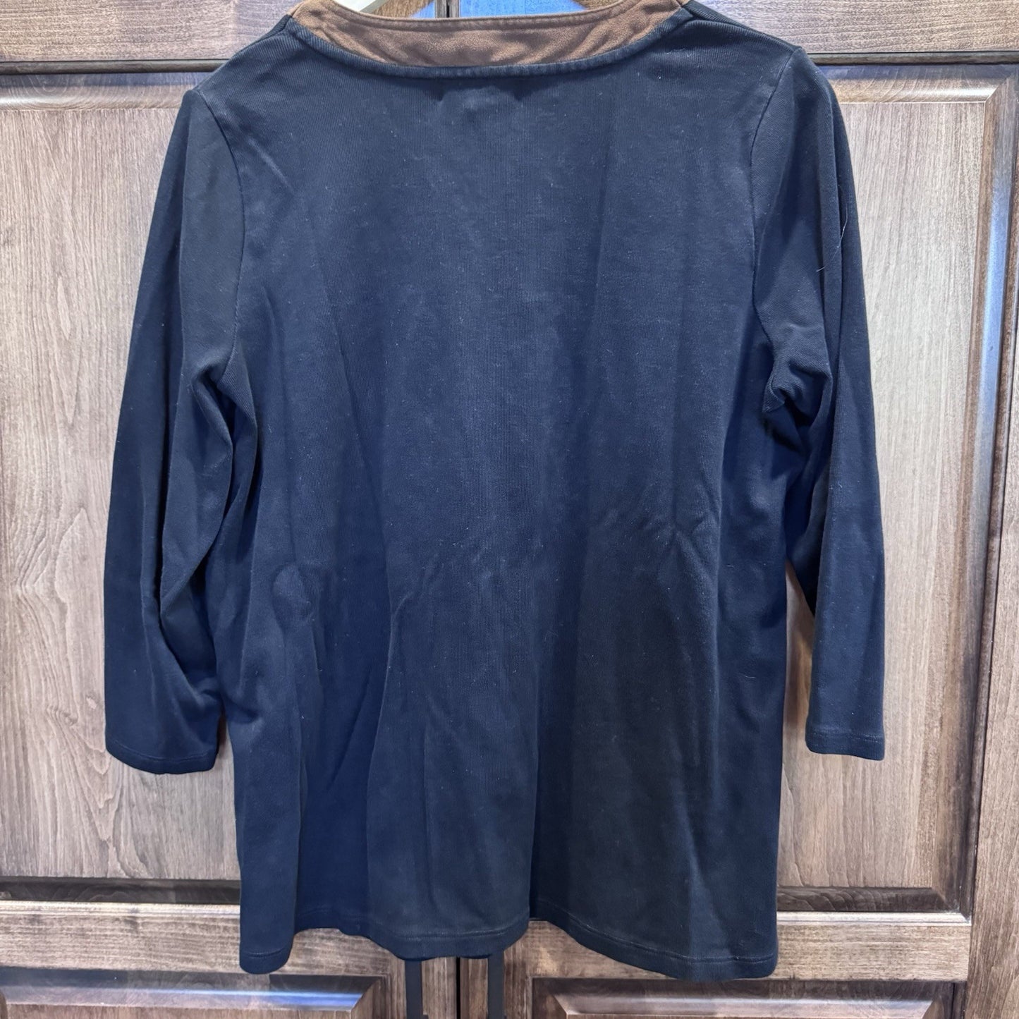 Lauren Ralph Lauren 1X Tunic Top Shirt V Black Brown Faux Suede Trim 3/4 Sleeve