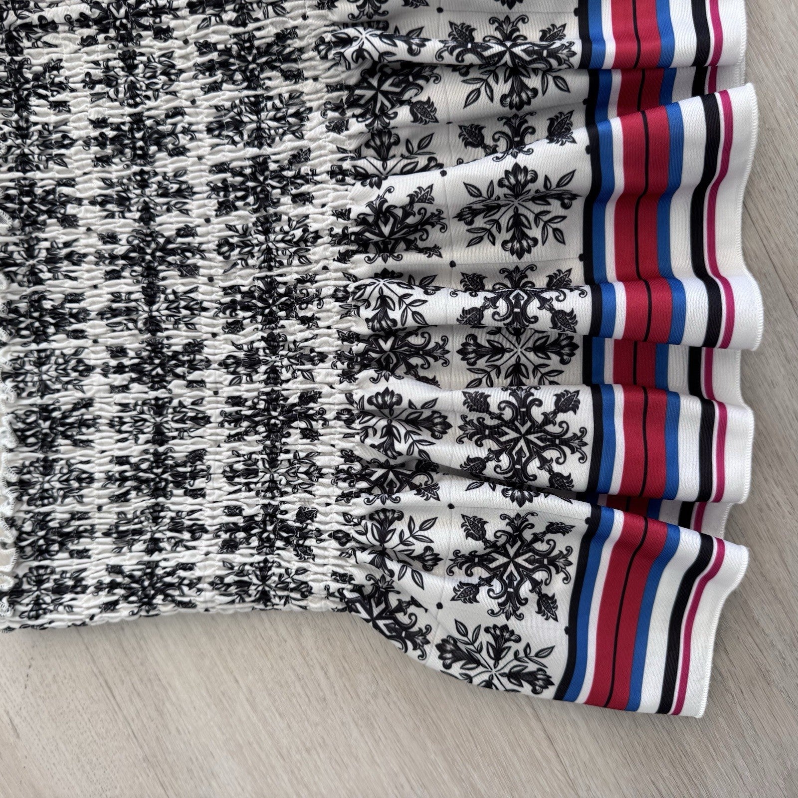 ZARA Smocked Strapless Top Women Small Black White Floral Stripe Hem 