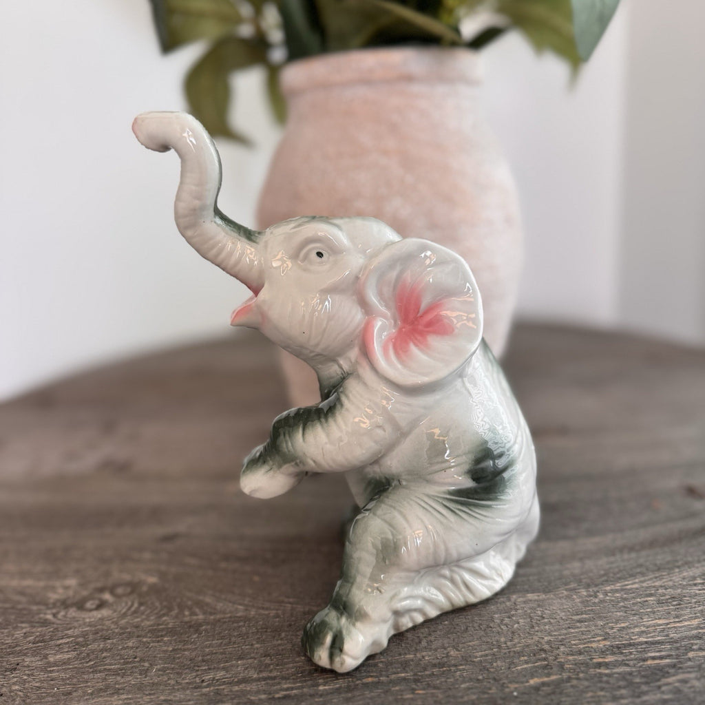 Vintage Porcelain Elephant Figurine Lot 2 White Gold Trim Trunk Up Good Luck