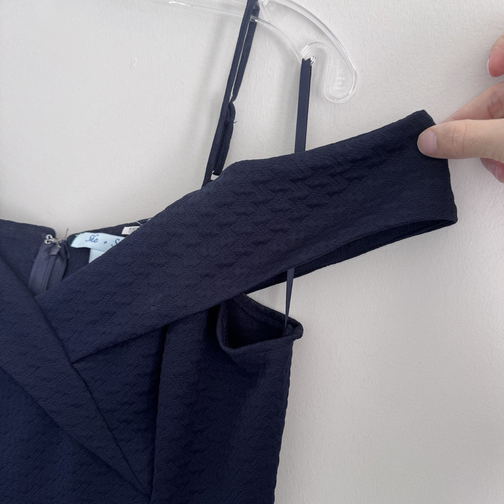 She + Sky Navy Off Shoulder Dress Large Fit Flare Textured